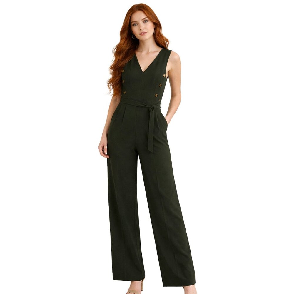 Calvin Klein Olive Green V-Neck Wide-Leg Jumpsuit
